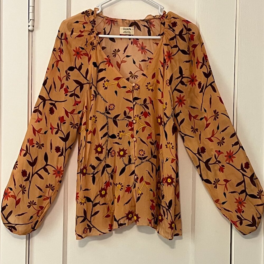 Guapa (anthropologie) beatrice button down floral beaded tunic blouse sz XS boho
